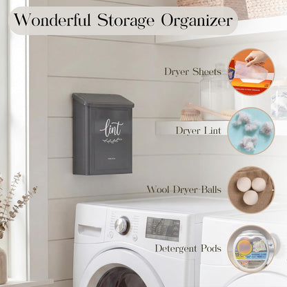 Perfnique Magnetic Lint Bin for Laundry Room with Lint Brush, Wall Mounted Lint Holder Trash can with lid for Dryer, Modern Farmhouse Rustic Metal Laundry Room Storage Organization and Decor(White)