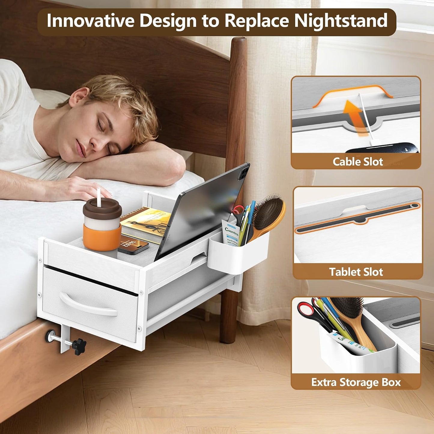 Bedside Shelf for Dorm Room, 2 Tier On Bed Side Table Loft Shelf for Bunk Bed, Bedside Tray with Cable Management, Under Mattress Bedside Shelf, Back to School