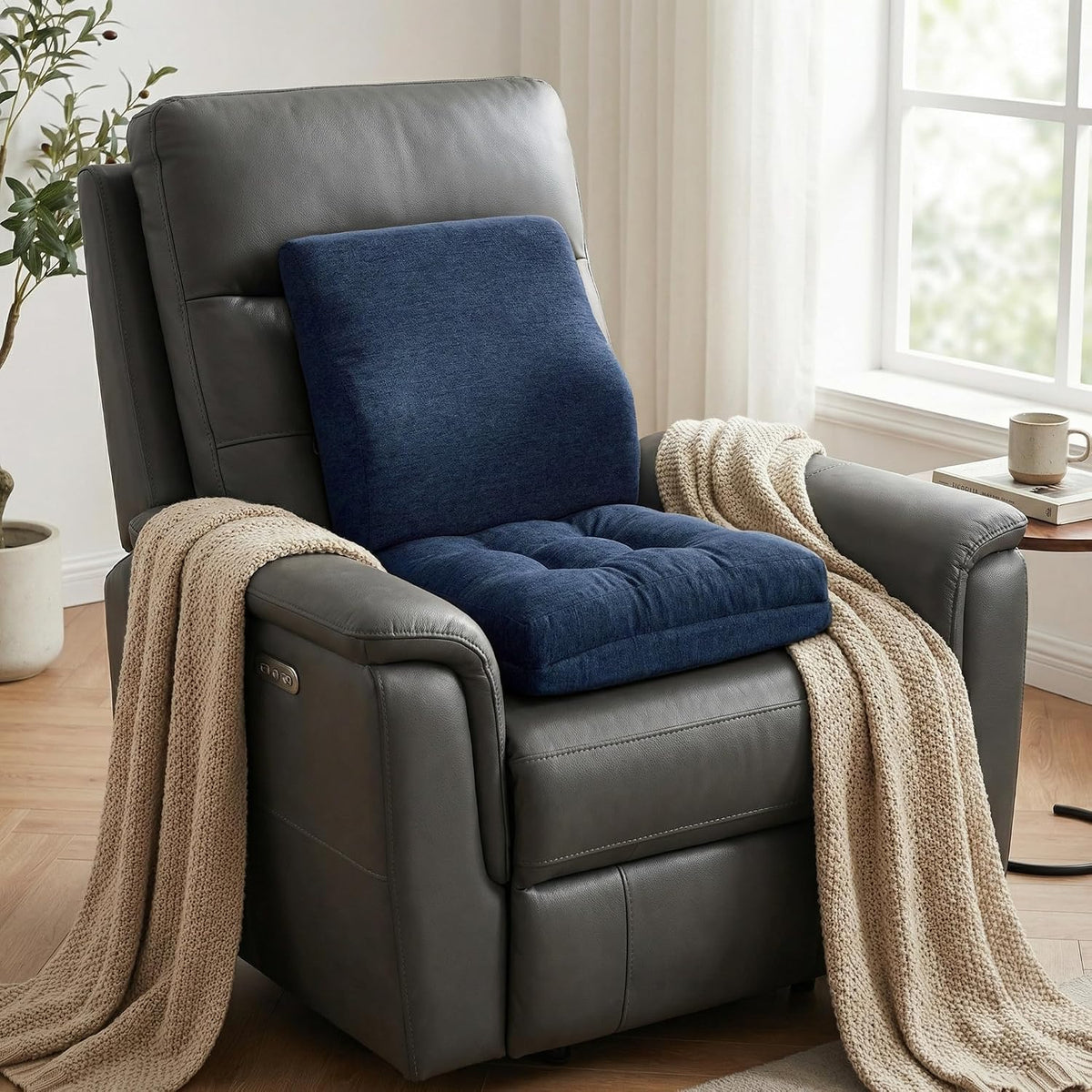 baibu Memory Foam Recliner Cushions with Lumbar Support Pillow Set for Elderly, 20x20x5 Inch Dual-Layer Design Non-Slip Recliner Seat Cushion & Back Support Pillow for Reduce Hip & Lumbar Pain, Brown