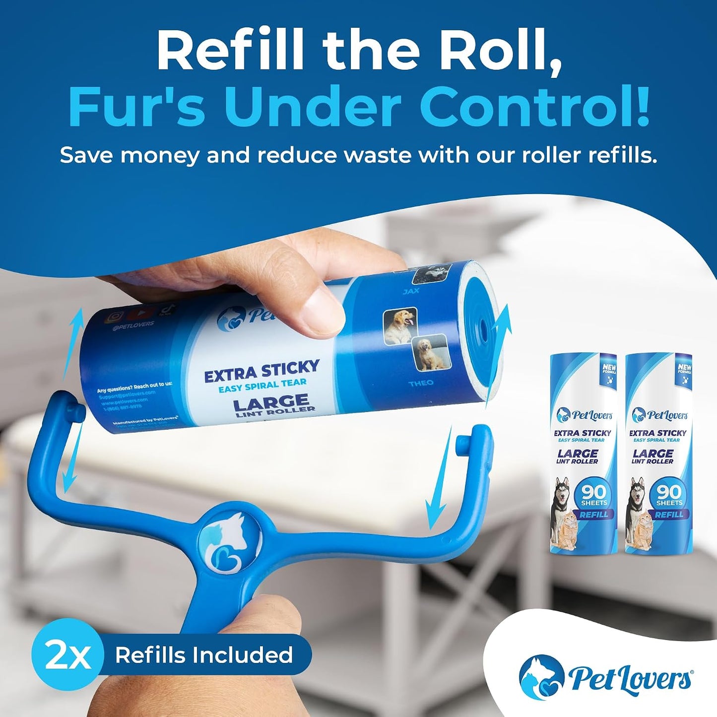PetLovers Extra Sticky Lint Roller Mega Value Set 450 Sheets for Pet Hair Removal and Clothes, Dog and Cat Lint Remover 5 Pack