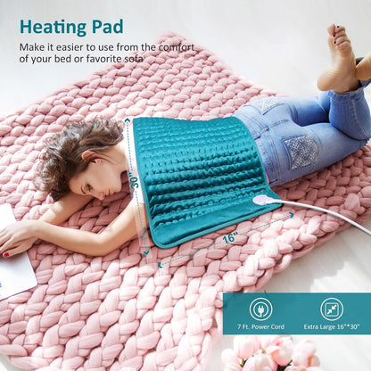 Heating pad for Back/Shoulder/Neck/Abdomen, Heating Pads for Period Cramps with 6 Fast Heating Settings, Auto-Off, Machine Wash, Birthday Gifts for Women Mom Men Dad, Extra Large 12"x24", Blue