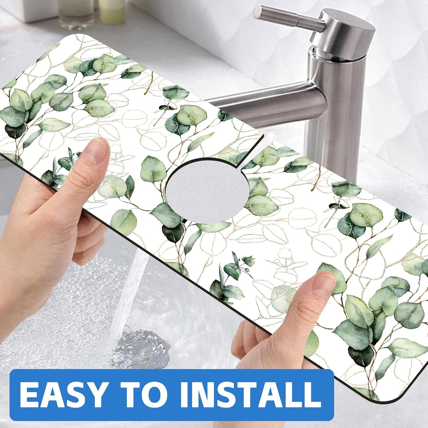 Abstract Watercolor Leaves Sink Faucet Absorbing Mat Sink Splash Guard Faucet Mat Draining Mat Fast Drying Sink Protectors for Kitchen and Bathroom 5.5"×15"