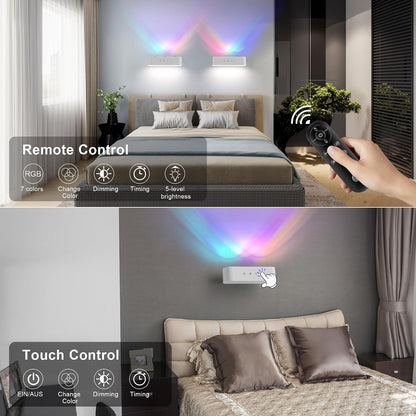 Wall Scones Rechargeable Wall Sconces Set of 2 with Touch Remote Control | RGB 4400mAh Battery Operated Wireless Cordless, Adhesive Wall Light for Bedroom Indoor