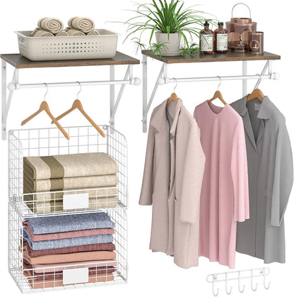 Laundry Room Shelves Wall Mounted with Wire Baskets, Over the Washer and Dryer Shelf with Clothes Drying Rack, Wire Shelves Baskets for Laundry Closet Organization and Storage, Wood+Metal, Black