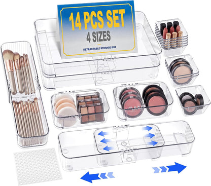 Aneco 14 Pieces Extendable Clear Drawer Organizer Adjustable Vanity Storage Box 4-Size Desk Drawer Divider Acrylic Storage Bins for Makeup, Cosmetic, Jewelries, Bedroom Kitchen Utensils Gadgets