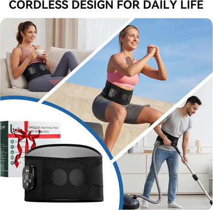 Cordless Portable Heating Pad with Massager for Back Pain Relief,5000mAh Rechargeable Lower Back Massager with 3 Heat 3 Vibration,Wireless Heating Pad for Cramps,Back Support Heat Massage Belt