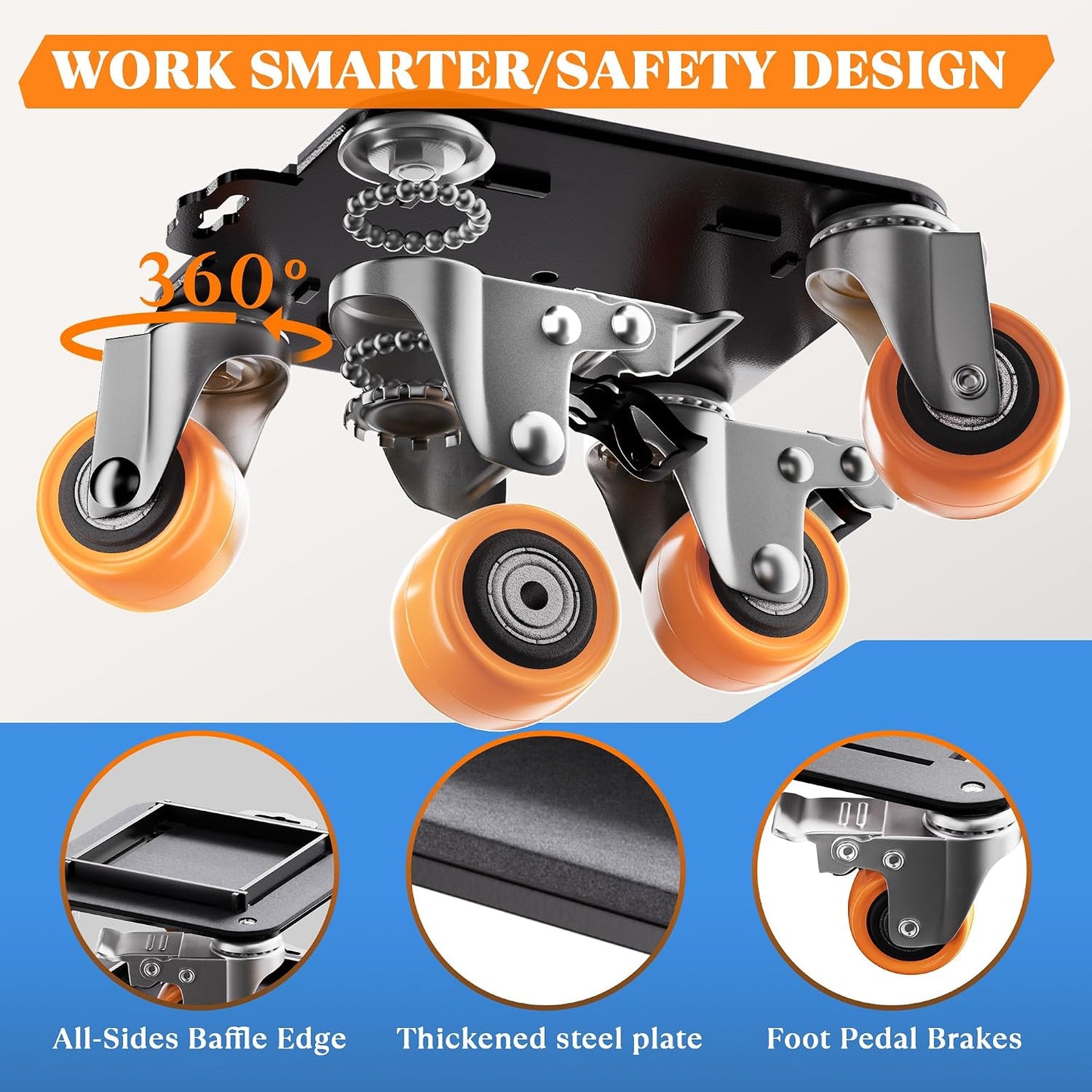 Furniture Movers with Wheels, Upgraded Guardrails for No Slips, Heavy Duty Furniture Dolly, Furniture Sliders with Wheels, Furniture Lifter Tool Included (Orange, 6.3" × 6.3" Pro)