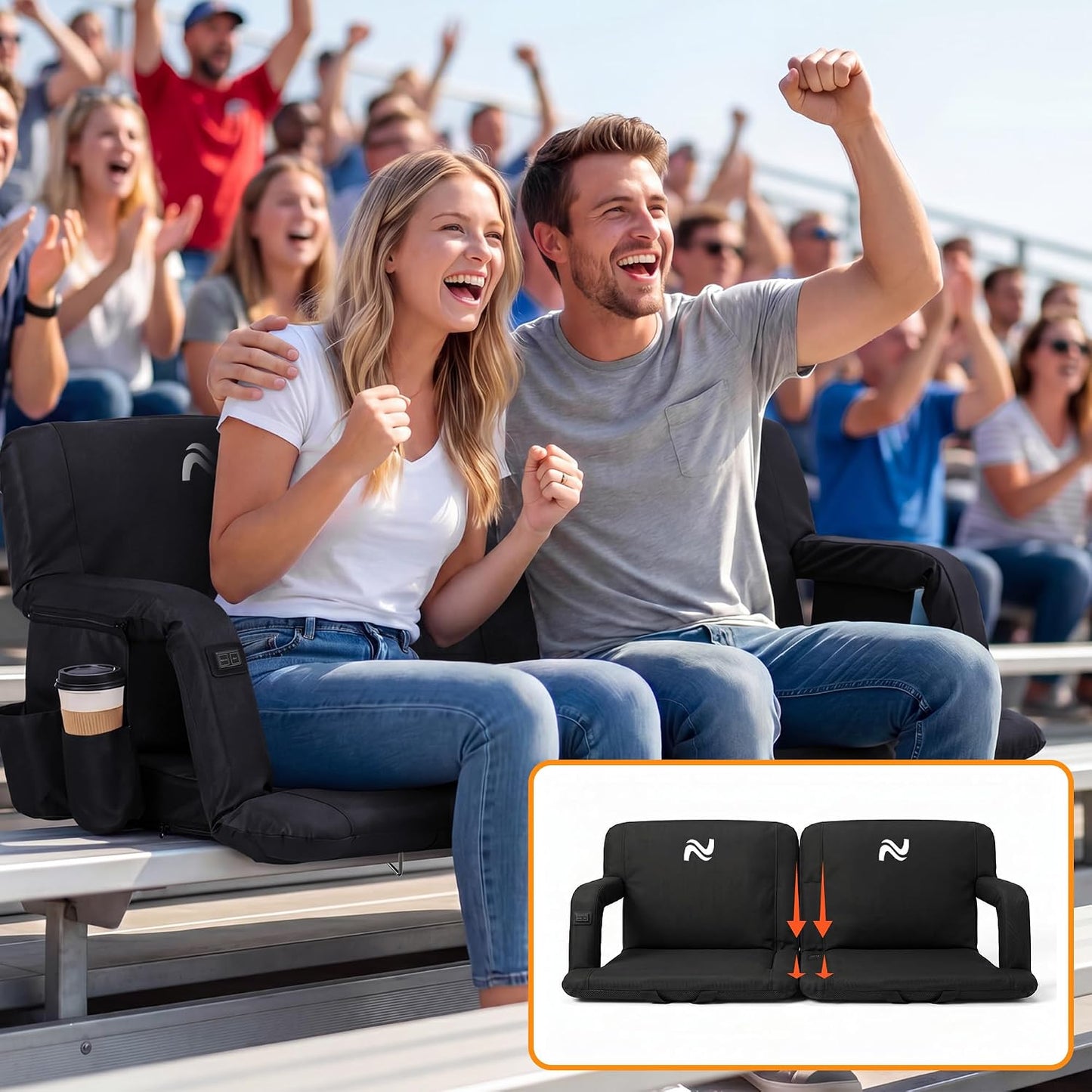 25in 5.12" Extra Thick&Wide Heated Stadium Seat for Bleachers | Sofa Style Design Thick Bleacher Chair With Back and Comfy Cushion, 6 Reclining Positions, 3 Heat Levels (NO Battery)