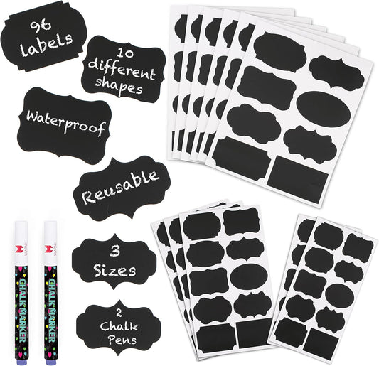 Mantah Chalkboard Label Stickers - 9 Assorted Shapes in 3 Sizes with 2 White Chalk Marker, Reusable Waterproof Label for Storage Bin, Food Container, Jars, Containers