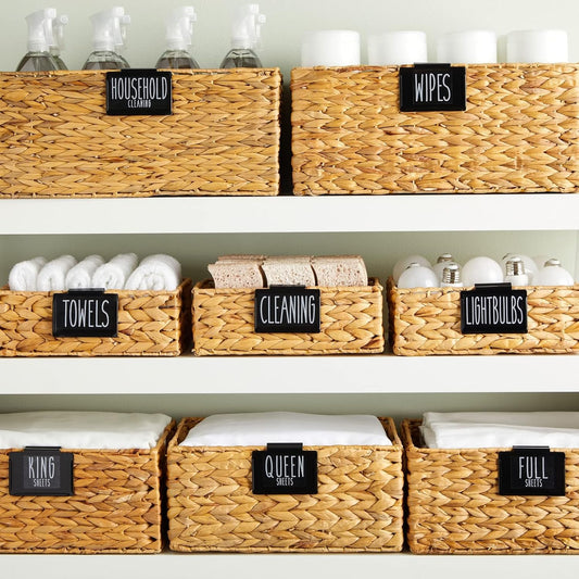 Talented Kitchen Bin Labels Clip-On Metal Basket Holders - Black, 8-Pack, 3.5 x 2.5 in - Kitchen Storage Organization & Bathroom Bin Label Clips - 70 Organizing Tags for Linen Closet