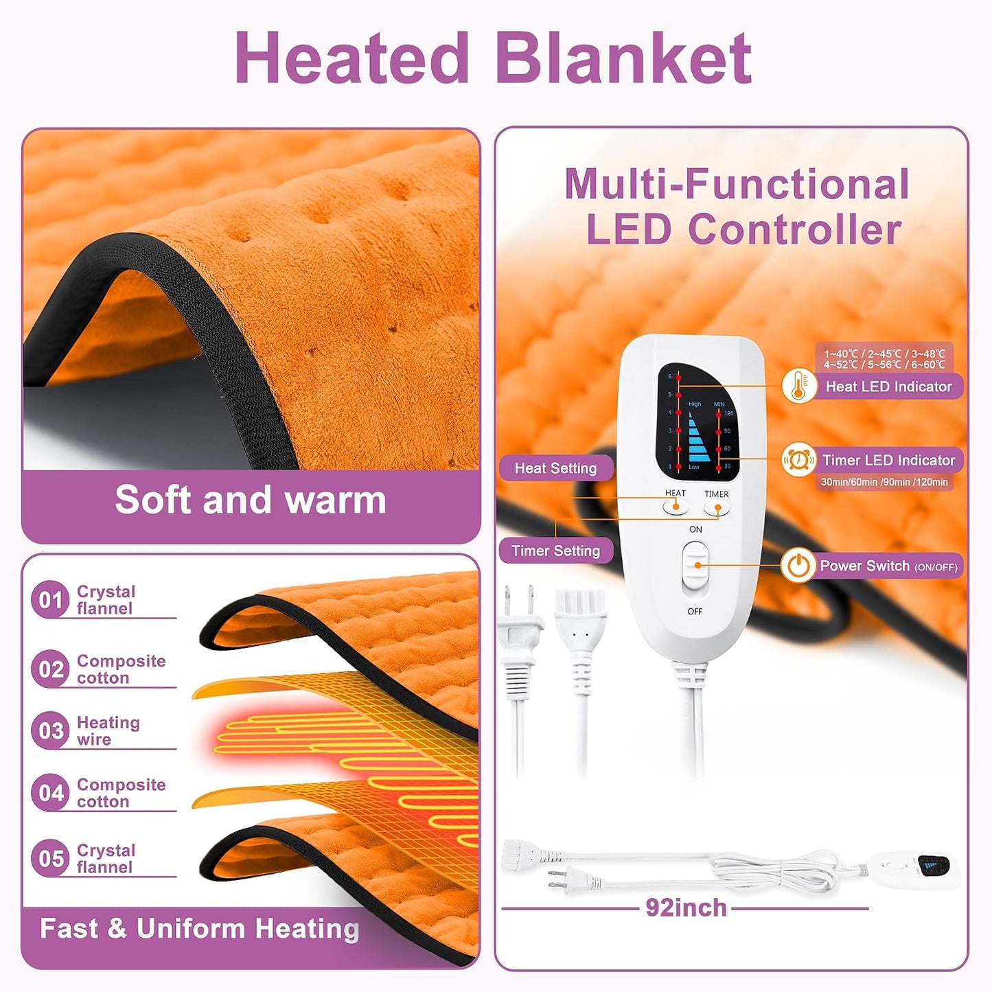 Heating Pad,Heated Blanket,Heating Pad for Back Neck,Grey,24x12 Inch | Electric Heating Pad,Dry/Moist Heat Heating Pads,Heating Pads for Shoulder,Abdomen,Heat Pad for Women Men,Birthday Gift