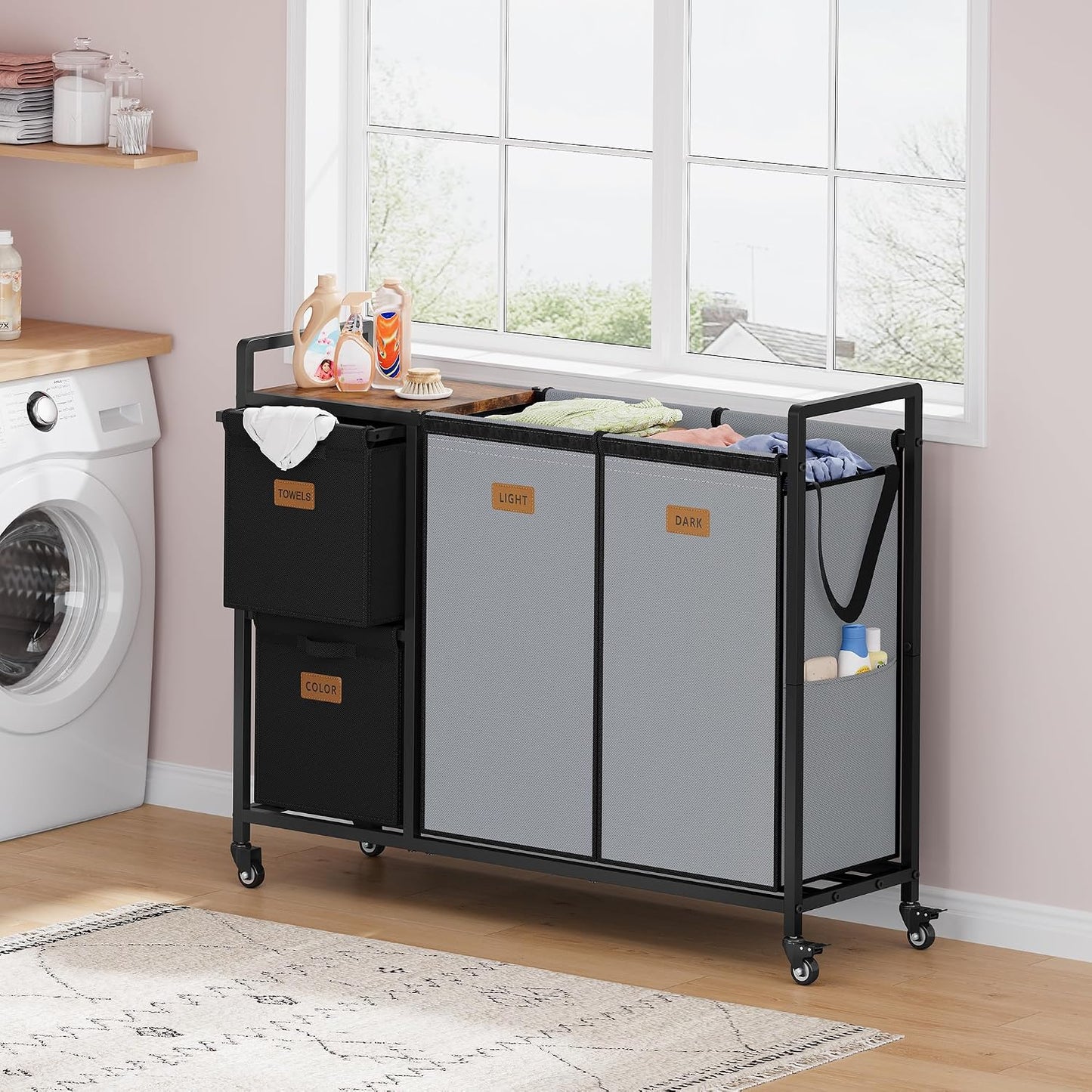 Hoctieon 4 Section Laundry Cart, 52.8 Gal. (200L) Laundry Hamper with Lid, Laundry Basket with Wheels, Rolling Laundry Sorter Organizer with Shelf, Clothes Separator with Removable Bags, Black