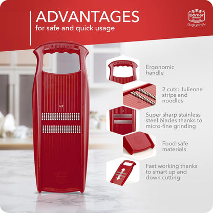 Börner Roko PowerLine Vegetable Slicer Set (2-piece) • Fine Julienne Cutter for Fruit and Vegetables + Safety Guard • Julienne Slicer • Mandoline Slicer Set • Kitchen Slicer (Red)