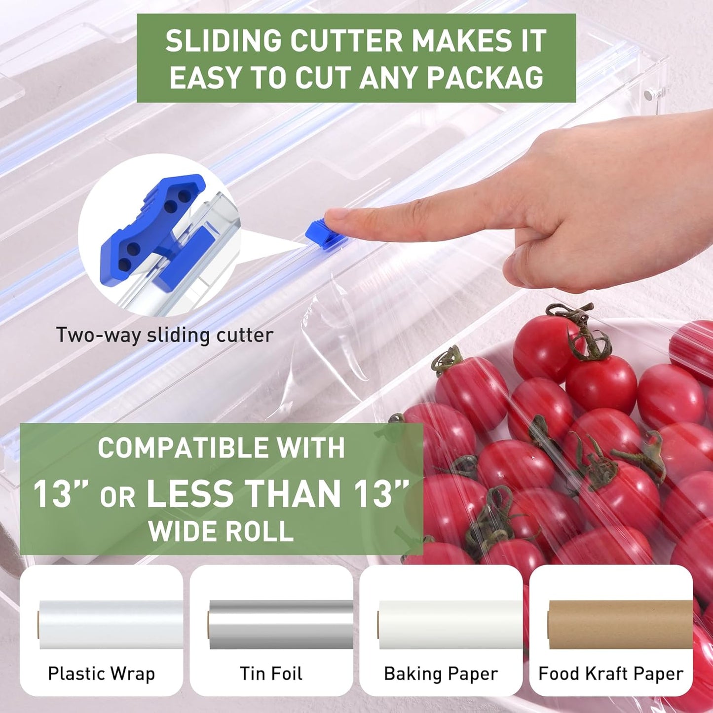 3 in 1 Clear Acrylic Foil, Plastic Wrap Organizer with Cutter | Kitchen Storage, Aluminum Foil Dispenser, Wax Paper Holder, For Drawer or Wall Mount, Fits 12 Inch Roll