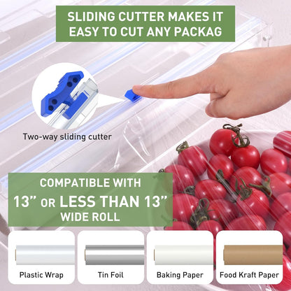 3 in 1 Clear Acrylic Foil, Plastic Wrap Organizer with Cutter | Kitchen Storage, Aluminum Foil Dispenser, Wax Paper Holder, For Drawer or Wall Mount, Fits 12 Inch Roll