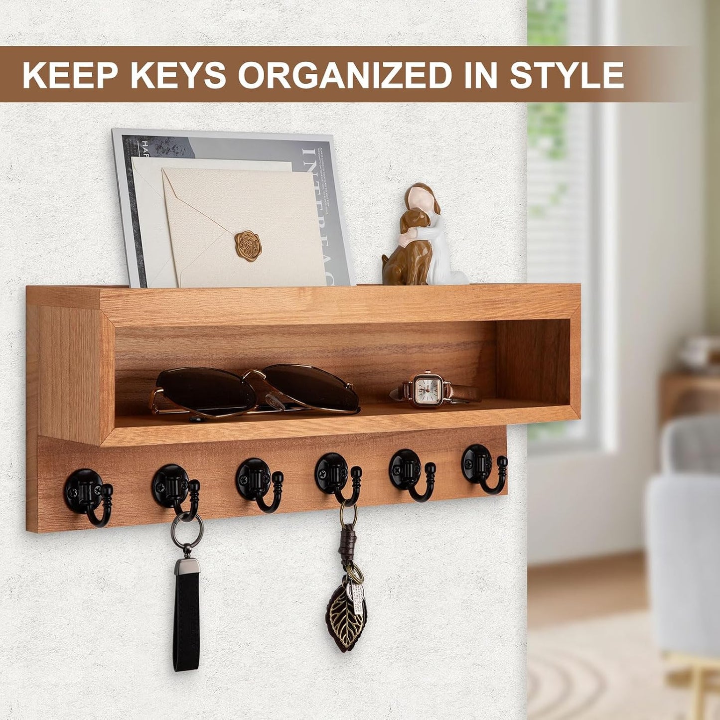 Key and Mail Holder Wall Mount with Long Storage Box and 6 Hooks | Key Holder For Coat, Dog Leash, Home Decor Rack, Entry Way Organizer
