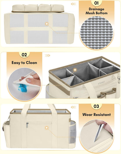 Ytonet Cleaning Caddy Bag, Extra Large Cleaning Supplies Organizer, Black | Detachable Apron & Foldable Dividers, 900D Cleaning Tote with Handle, Portable Cleaner Caddy for Housekeeper, Detailing Bag