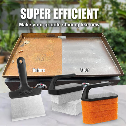 GRILLART Griddle Cleaning Kit for Blackstone, Griddle Accessories Kit | One Set for All, with High-Density Grill Stone, Thicker Griddle Scraper, Better Control Handle, For Revome Rust & Daily Clean