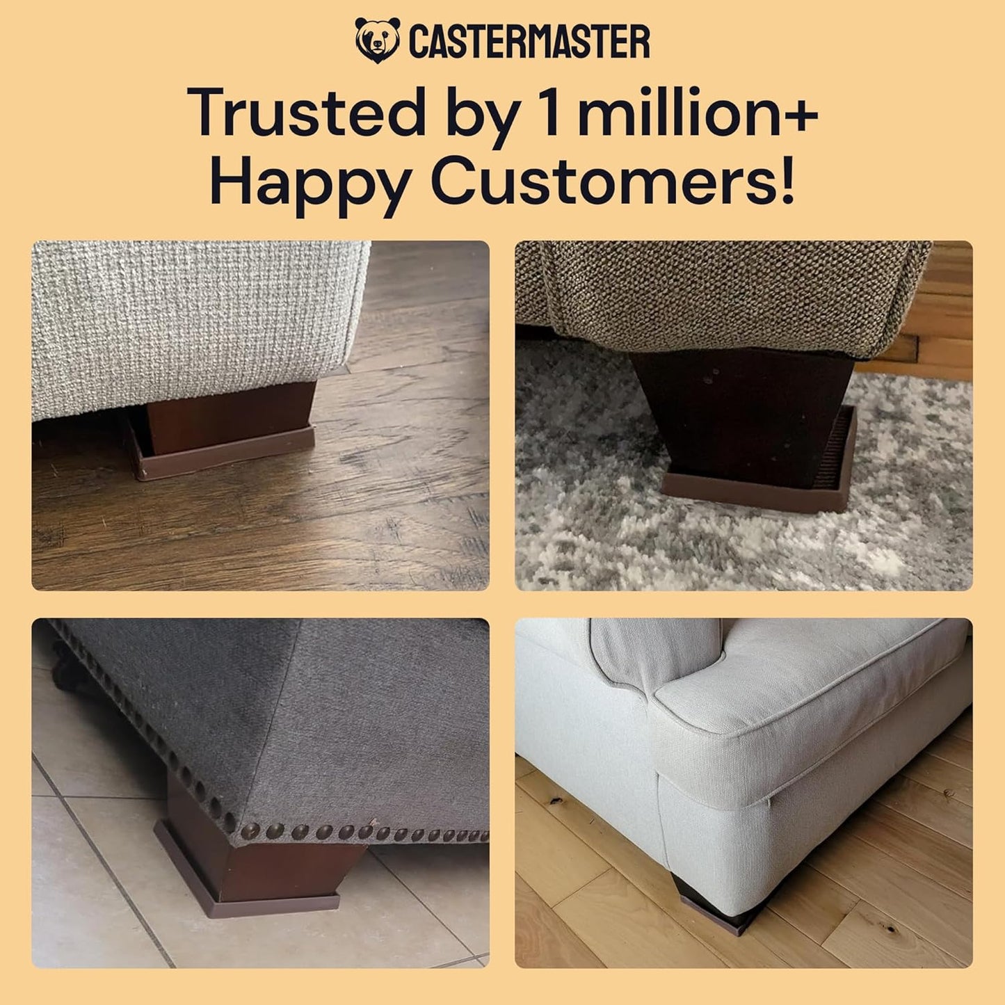 Non-Slip Furniture Pads - 4x4 in Brown, 4 Pack | Square rubber caster cups - anti-skid - Use for heavy sofas, beds & chairs on hardwood floors