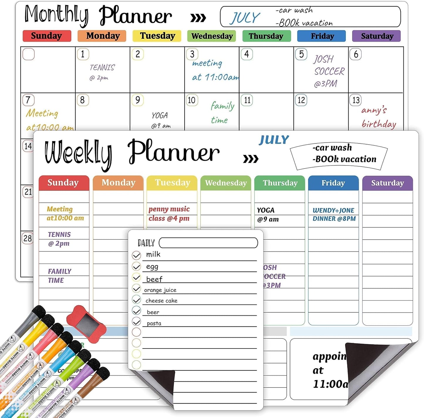 Hivillexun Magnetic Dry Erase Calendar Whiteboard Set (4-Pack) for Home and Kitchen, with Monthly and Weekly Views (16.5” x 11.8”), Magnetic Whiteboard and Daily Planners (12” x 8”) 8 Markers & Eraser