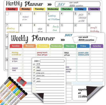 Hivillexun Magnetic Dry Erase Calendar Whiteboard Set (4-Pack) for Home and Kitchen, with Monthly and Weekly Views (16.5” x 11.8”), Magnetic Whiteboard and Daily Planners (12” x 8”) 8 Markers & Eraser