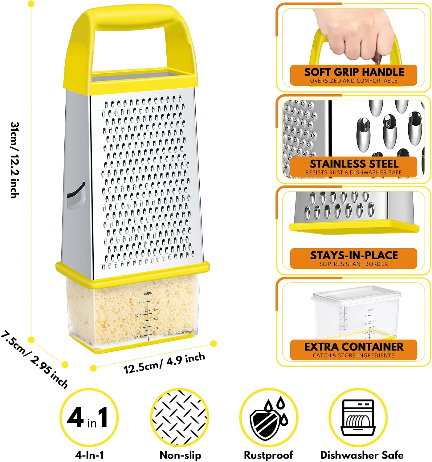 Urbanstrive Cheese Grater With Container Box Grater Stainless Steel Graters for Kitchen Cheese Shredder Parmesan Shredder Kitchen Gadgets Kitchen Tools Kitchen Gifts for Chef Dishwasher Safe Zester