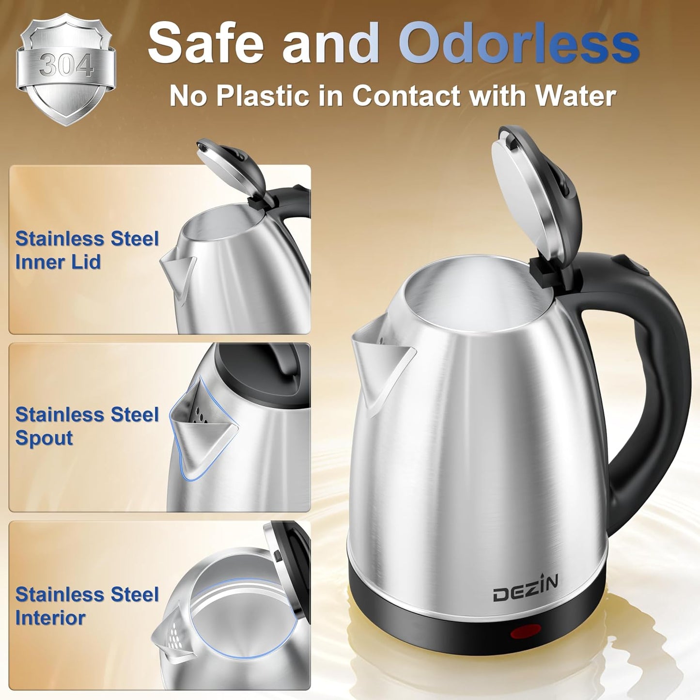 DEZIN 2L Electric Kettle, Fast Boil Electric Tea Kettle, 1000W Water Boiler | BPA-Free Electric Water Kettle Stainless Steel, Auto Shut-Off & Boil-Dry Protection, Ideal for Boiling Water, Coffee, Tea