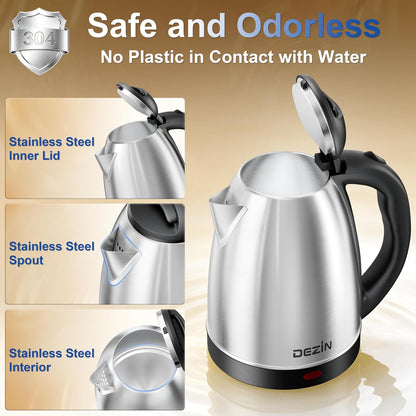 DEZIN 2L Electric Kettle, Fast Boil Electric Tea Kettle, 1000W Water Boiler | BPA-Free Electric Water Kettle Stainless Steel, Auto Shut-Off & Boil-Dry Protection, Ideal for Boiling Water, Coffee, Tea