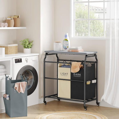 Hoctieon 3 Section Laundry Sorter with Iorning Board, Laundry Hamper, Black | Lockable Wheels, Laundry Basket Organizer with Wheels, Heavy Duty Clothes Organizer, Large Clothes Separator, Removable Bags
