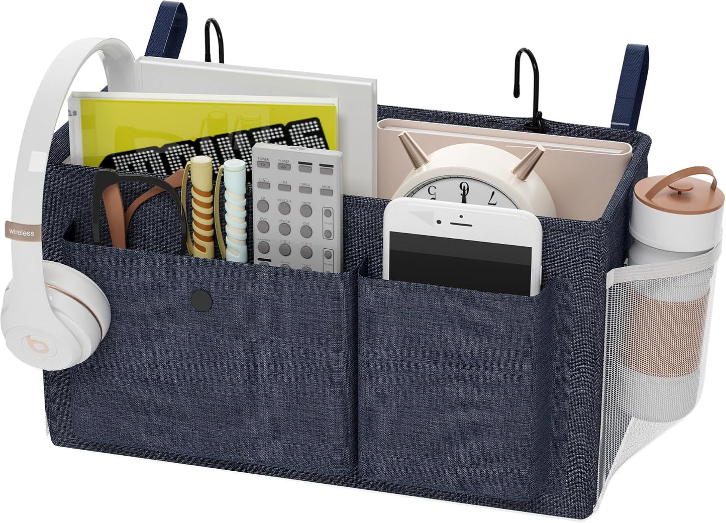 Bedside Caddy Bedside Storage Hanging Organizer for Bunk Dorm Bed Rail | Bed Caddy with Hooks, Top Bunks and Dorm Essentials for Water, Tissues, Tablets, Books, Phones, Remotes and Other Necessories