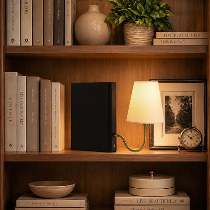 AELS Solid Wood Bookshelf Lamp with Bulb, Cordless Rechargeable Touch Dimmable Table Lamp with Linen Fabric Shade, Modern Decorative Bookend Lamp for Bedroom, Office & Bookshelf Decor, Dark Brown