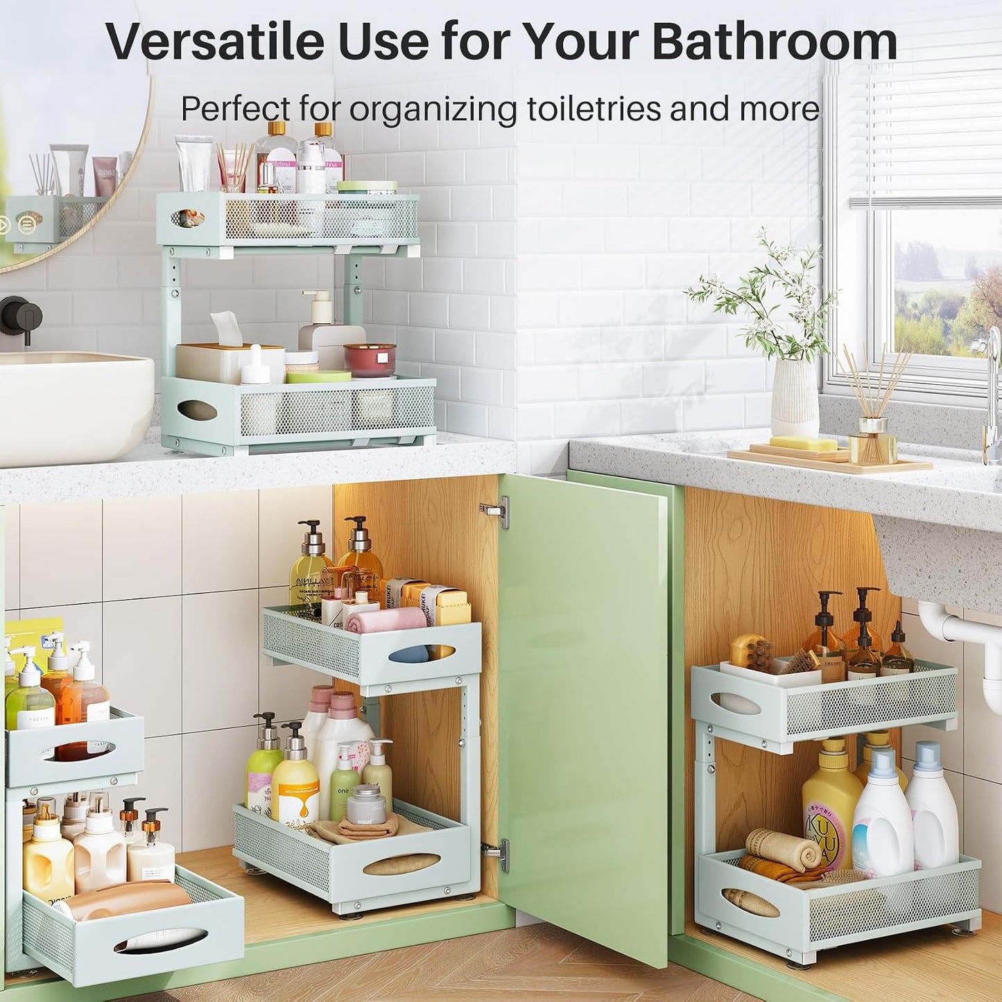 Under Sink Organizer, 2 Tier Pull out Cabinet Organizer Baskets with Mesh Sliding Drawers, Slide out Storage Shelf for Home, Kitchen, Bathroom, Pantry, Office Cabinet, Countertop(1 Pack)