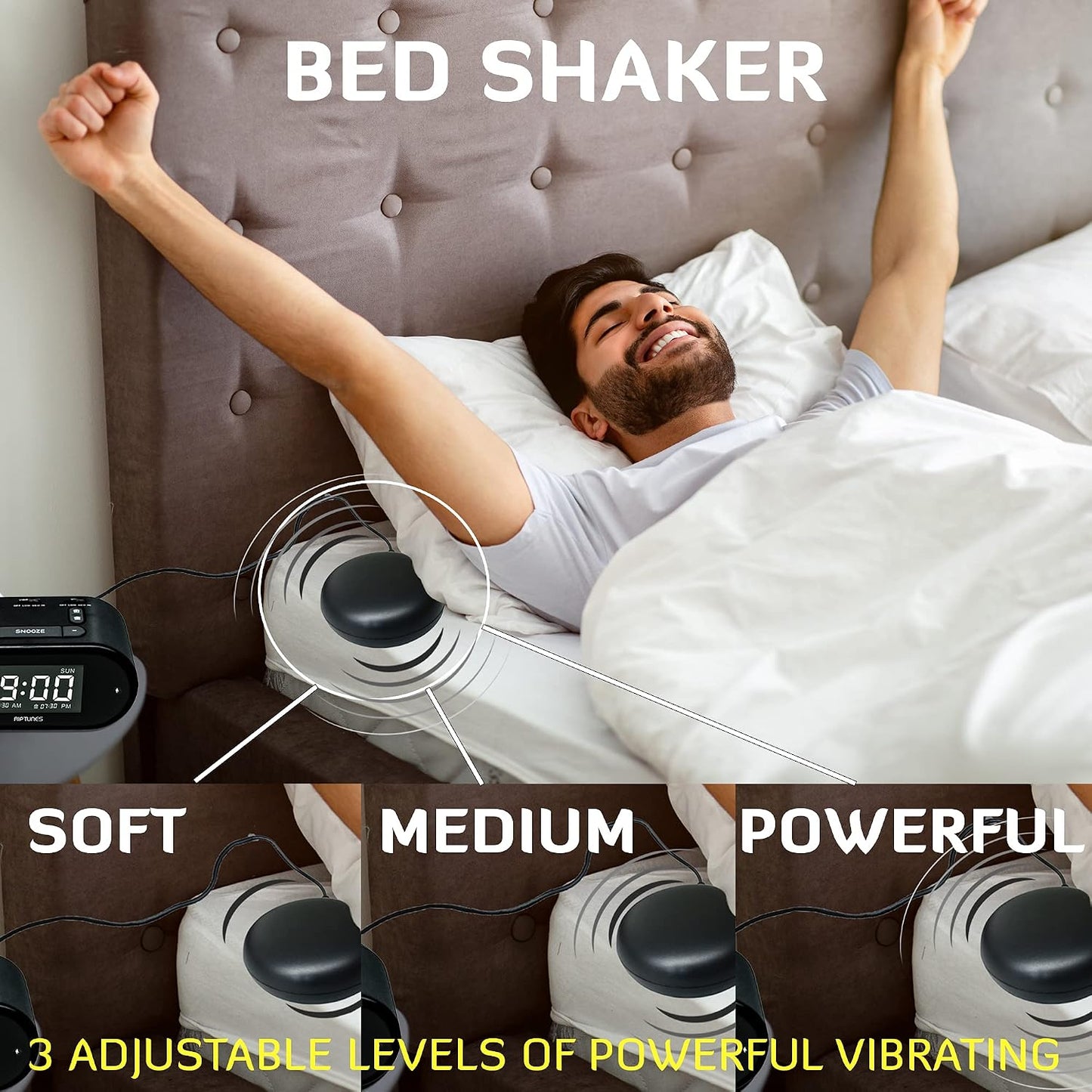 Riptunes Loud Alarm Clock with Bed Shaker for Heavy Sleepers & Hearing Impaired - Dual Alarm for Bedroom Weekday and Weekend Settings USB Charging, Dimmer, Snooze (Black)