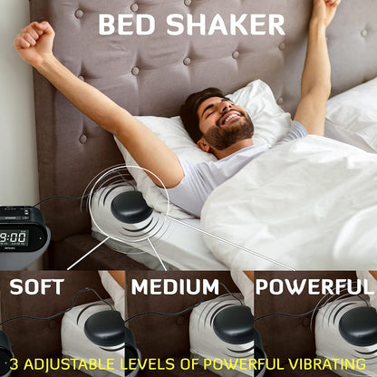 Riptunes Loud Alarm Clock with Bed Shaker for Heavy Sleepers & Hearing Impaired - Dual Alarm for Bedroom Weekday and Weekend Settings USB Charging, Dimmer, Snooze (Black)
