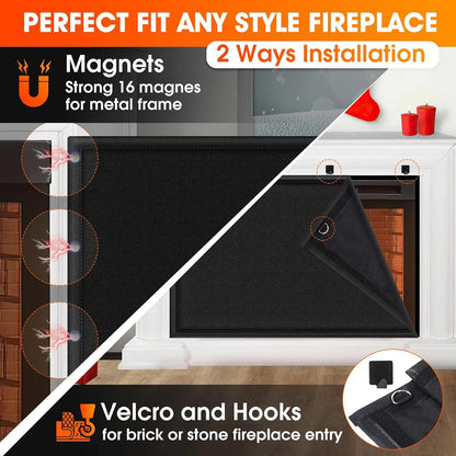 CADARA Fireplace Blocker Blanket Stops Heat Loss, Magnetic Fireplace Draft Stopper, Indoor Fire Place Draft Cover with Hook and Loop Tapes, Cold Air Blocker Save Energy, Black 42" W x 28" H