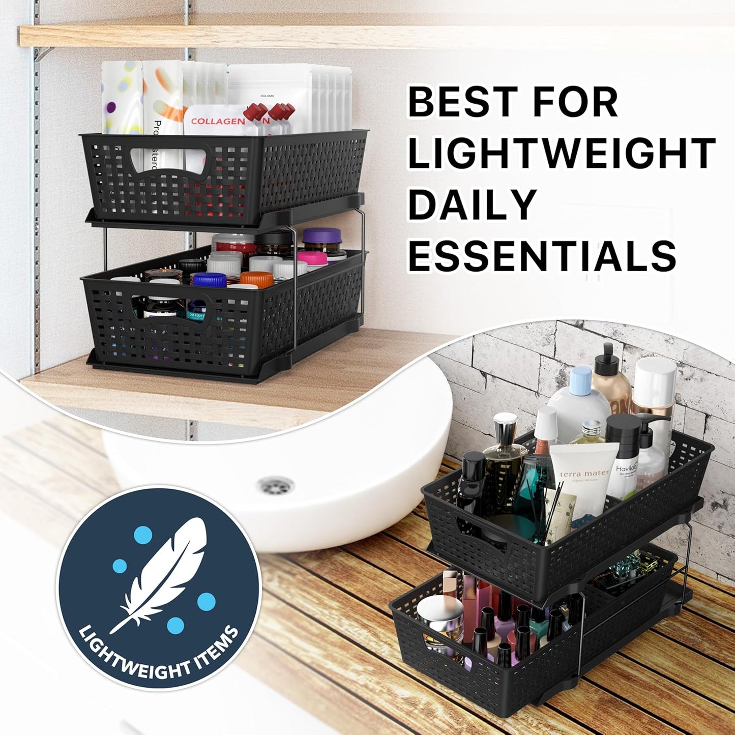 Simple Houseware 2 Tier Pull-Out Sliding Drawer Under Sink Storage, White | Great for Kitchen Bathroom Tray Shelf Organizer