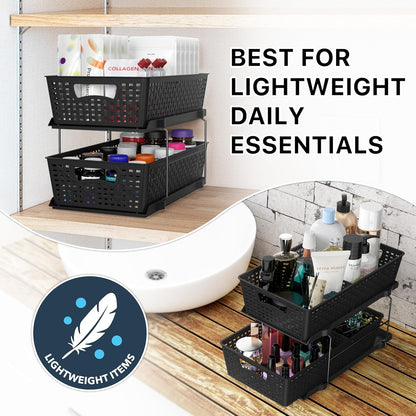 Simple Houseware 2 Tier Pull-Out Sliding Drawer Under Sink Storage, White | Great for Kitchen Bathroom Tray Shelf Organizer