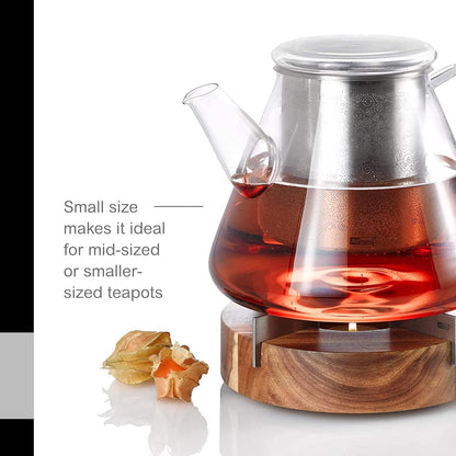 AdHoc Tuto Decorative Teapot and Food Warmer - Portable Warmer for Food & Drinks - Wood Warming Plate with Stainless Steel Plate - Warmer for Mid-Sized & Smaller-Sized Teapots