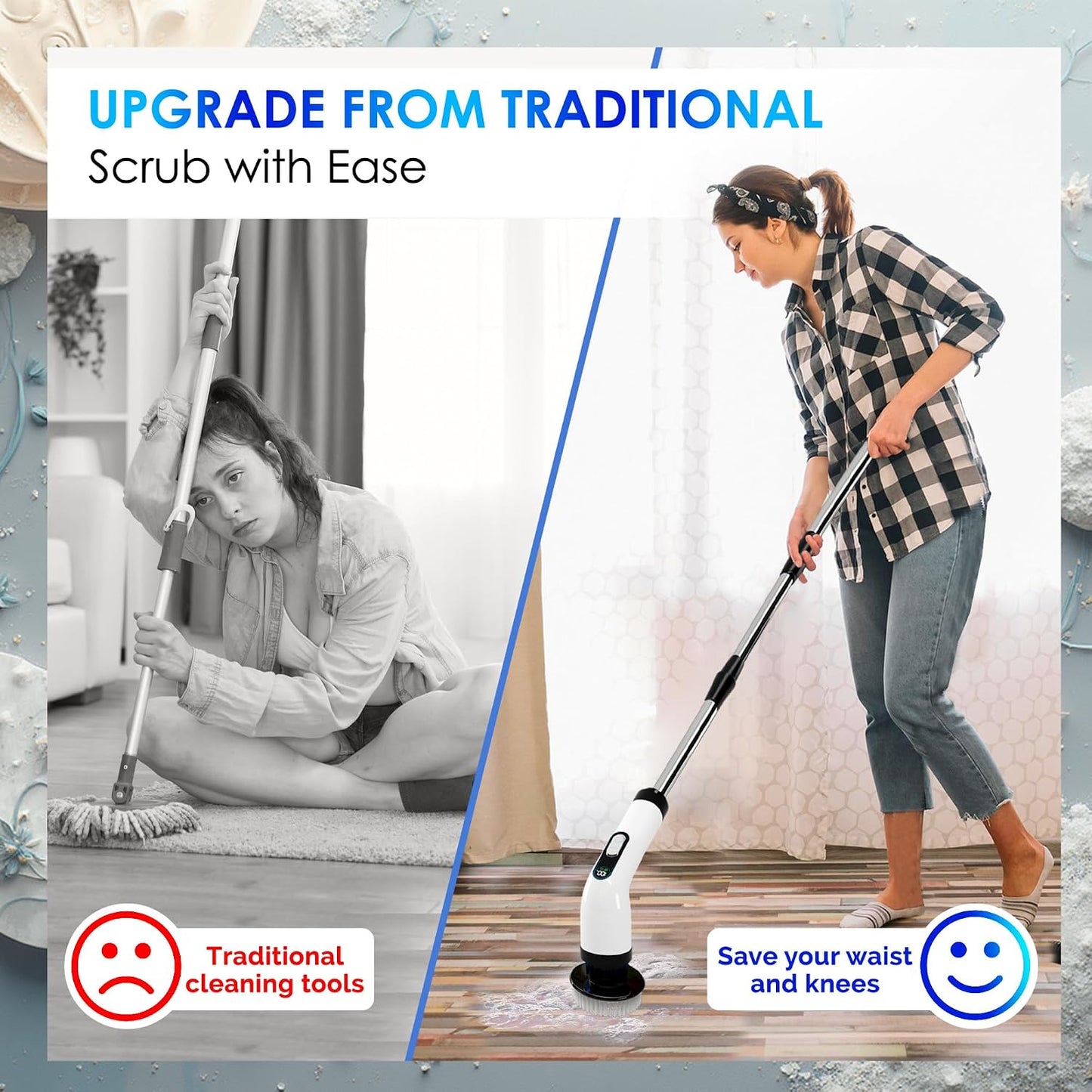 Electric Spin Scrubber for Cleaning, Cordless Power Scrubber with Long Handle, 10 Replaceable Brush Heads, 2-Speed, IPX7 Waterproof for Bathroom, Shower, Tub, Tile & Kitchen