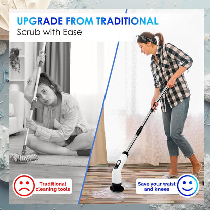 Electric Spin Scrubber for Cleaning, Cordless Power Scrubber with Long Handle, 10 Replaceable Brush Heads, 2-Speed, IPX7 Waterproof for Bathroom, Shower, Tub, Tile & Kitchen