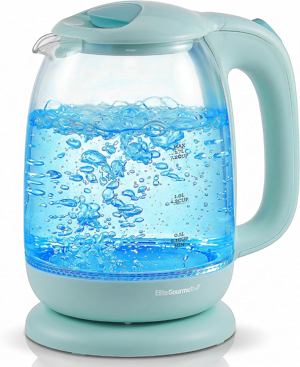 Elite Gourmet EKT1792M 1.7L Glass Kettle, Blue LED, Rapid Boil, 7.2 Cups | Auto Shut-Off, Boil-Dry Protection, 360° Cordless Base, Hot Water for Tea, Coffee & Oatmeal