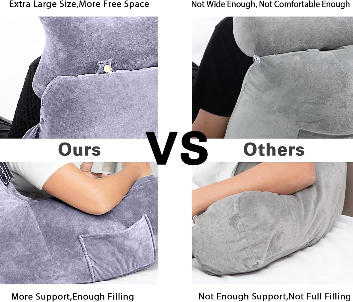 SLIGUY Reading Pillow-Bed Rest Pillow with Detachable Neck Roll & Support Arm for Sitting in Bed Couch or Floor-Backrest Reading Pillow Adult Back Pillow for Reading/Watching TV/Gaming,Dark Grey