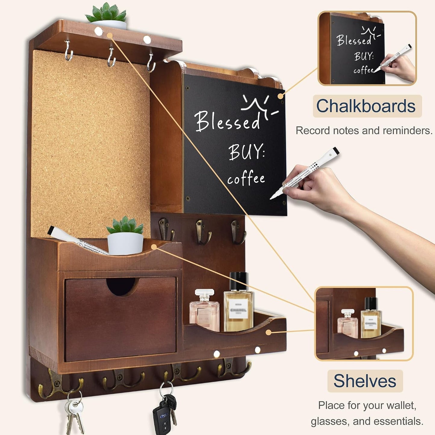 Key Holder for Wall Mount with Shelf and Mail Organizer, Key and Mail Holder with 16 Hooks, Farmhouse Entryway Organizer, Home Decor Rack (Pine Wood, White Washed)