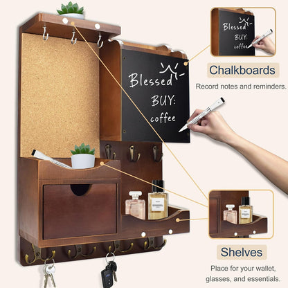 Key Holder for Wall Mount with Shelf and Mail Organizer, Key and Mail Holder with 16 Hooks, Farmhouse Entryway Organizer, Home Decor Rack (Pine Wood, White Washed)