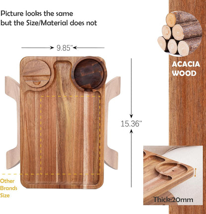 Nnewvante Couch Cup Holder Tray, 3 in 1 Large 15.36"x9.85" Acacia Wood Sofa Arm Clip on Tray Table with 360°Rotated Phone Holder on Armrest