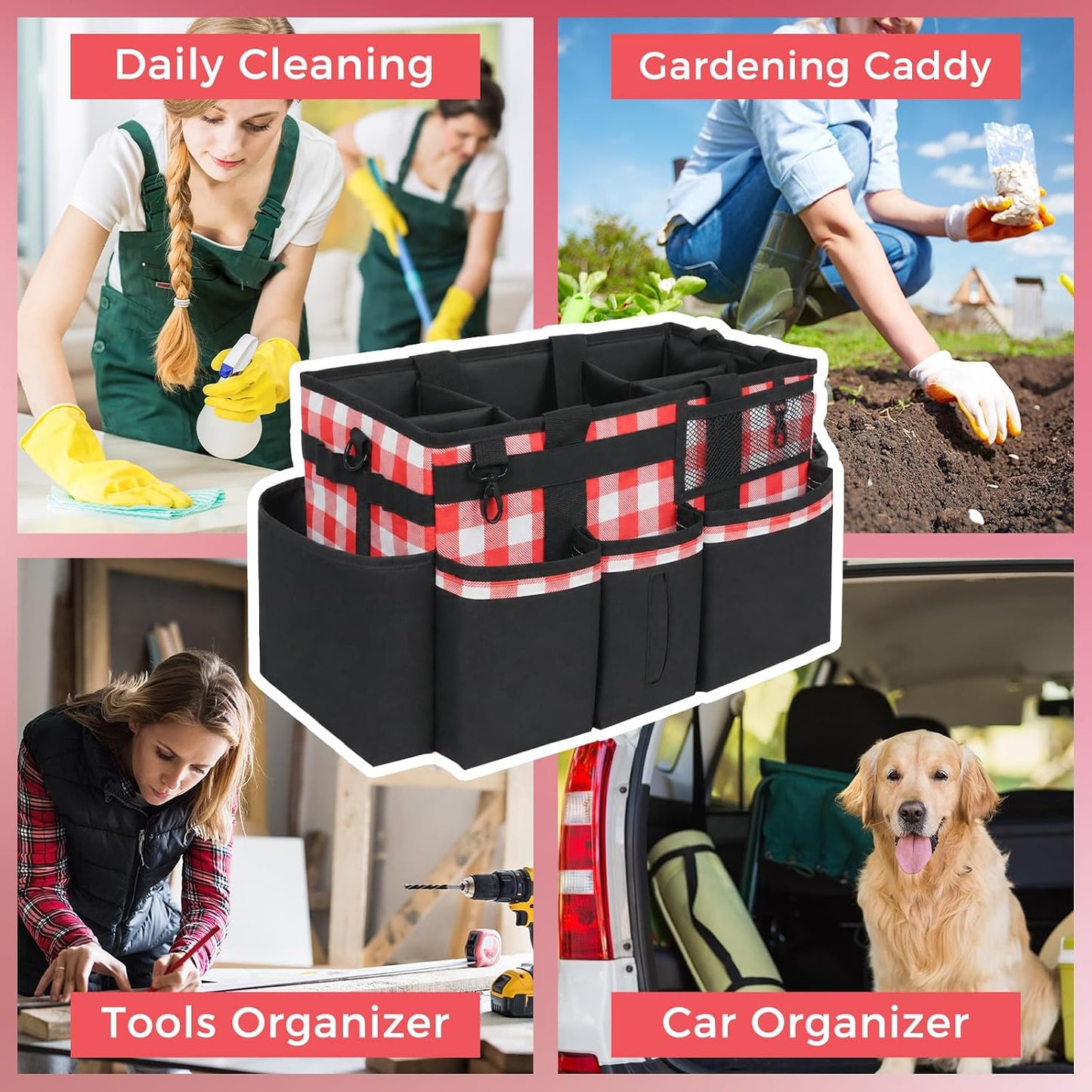 SCAVATA Wearable Cleaning Caddy, Cleaning Caddy Supplies Organizer with Handle & Shoulder Straps for Housekeepers, Under Sink & Car Cleaning Tool Organizers Bag with 4 Foldable Divider (NavyBlue)