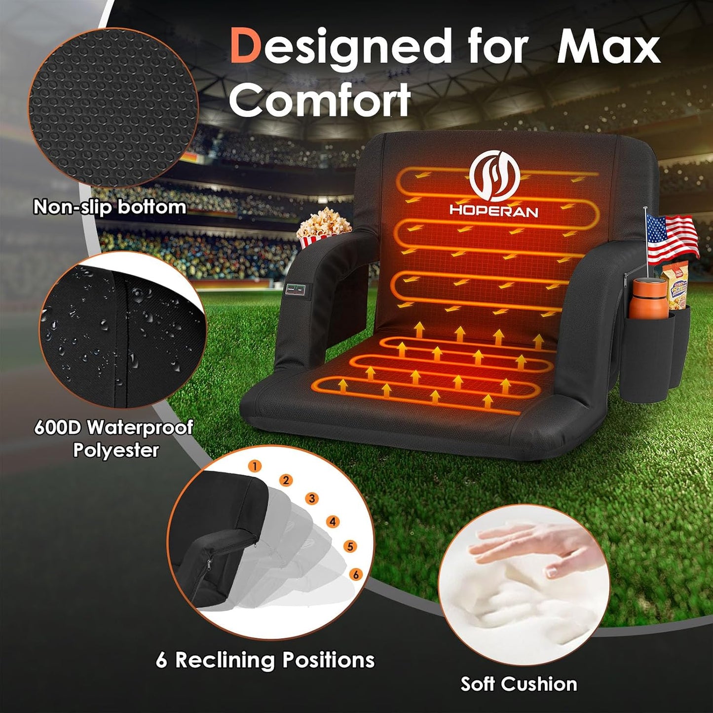 HOPERAN Heated Stadium Seats for Bleachers with Power Bank, Dual Control | Independent Seat & Back Heat (20000mAh Battery Included), Soft Cushion, 6 Recliner, Anti-Slip Stability, Side Pockets