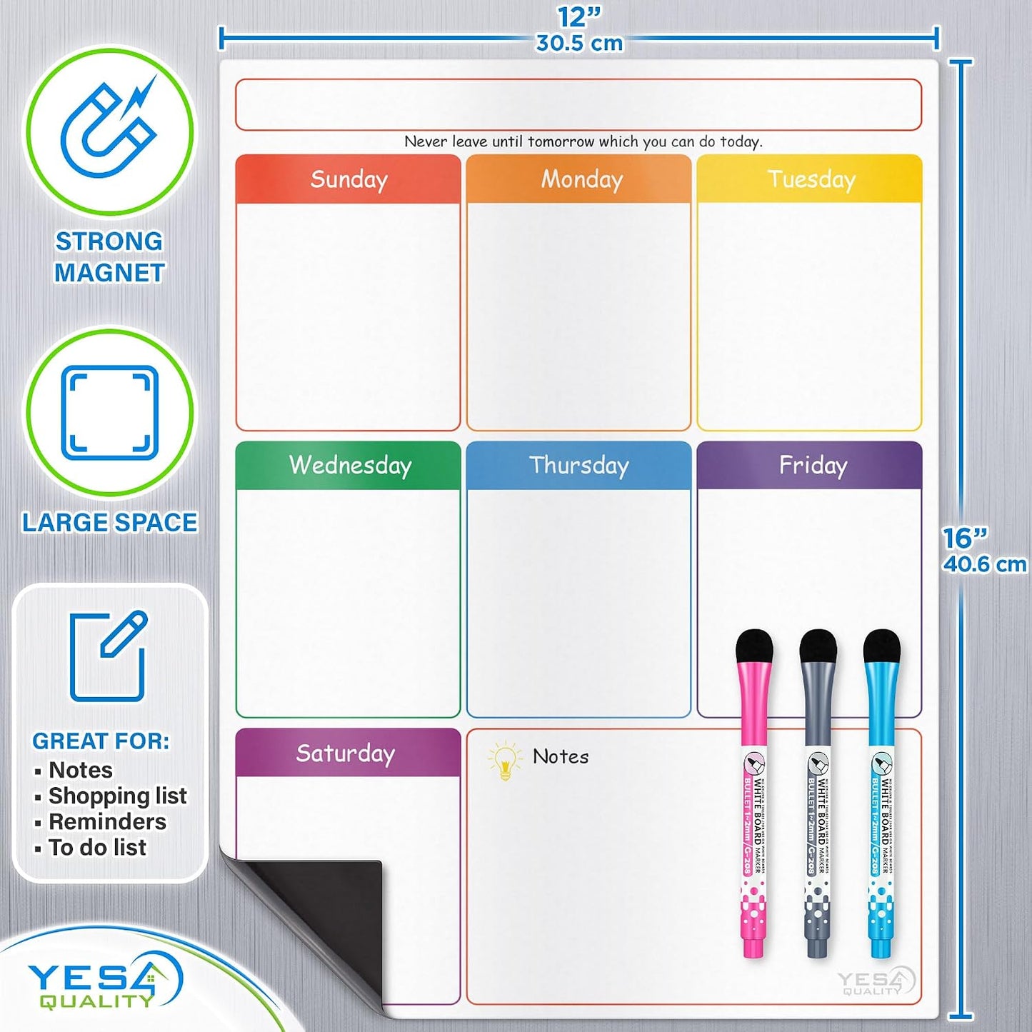 Magnetic Dry Erase Calendar 16x12 for Fridge with 3 Markers & Eraser | Strong magnetic dry erase calendar keeps schedules, meals and family plans organised on your fridge.
