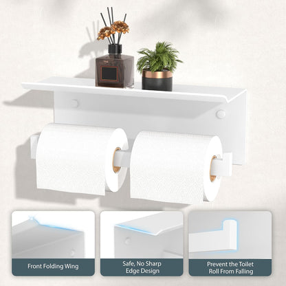 FORIOUS Toilet Paper Holder with Shelf, Commercial Toilet Paper Dispenser | Brushed Nickel | SUS304 Stainless Steel Wall Mount Double Bathroom Tissue Roll Holder for Hotel, Apartments, etc