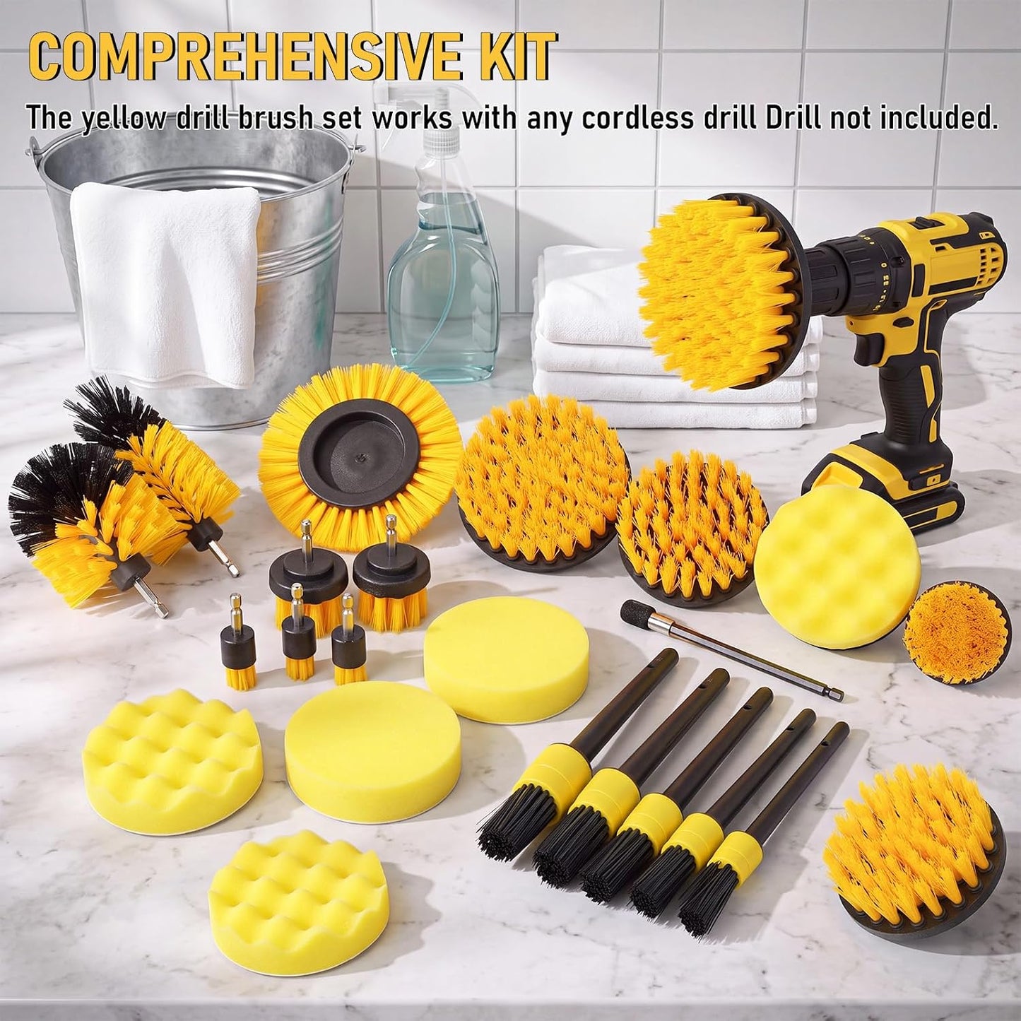 28 Pack Drill Brush Attachment Set, Power Scrub Brushes with Extend Long Attachment for Bathroom, Car Detailing, Sinks, Grout, Floor, Tub, and Kitchen Surface, Scratch Brushes (Yellow)